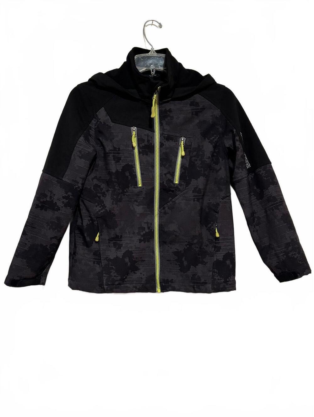Snozu Black and Gray Digital Camouflage Ski Jacket with Yellow Zippers, Size M